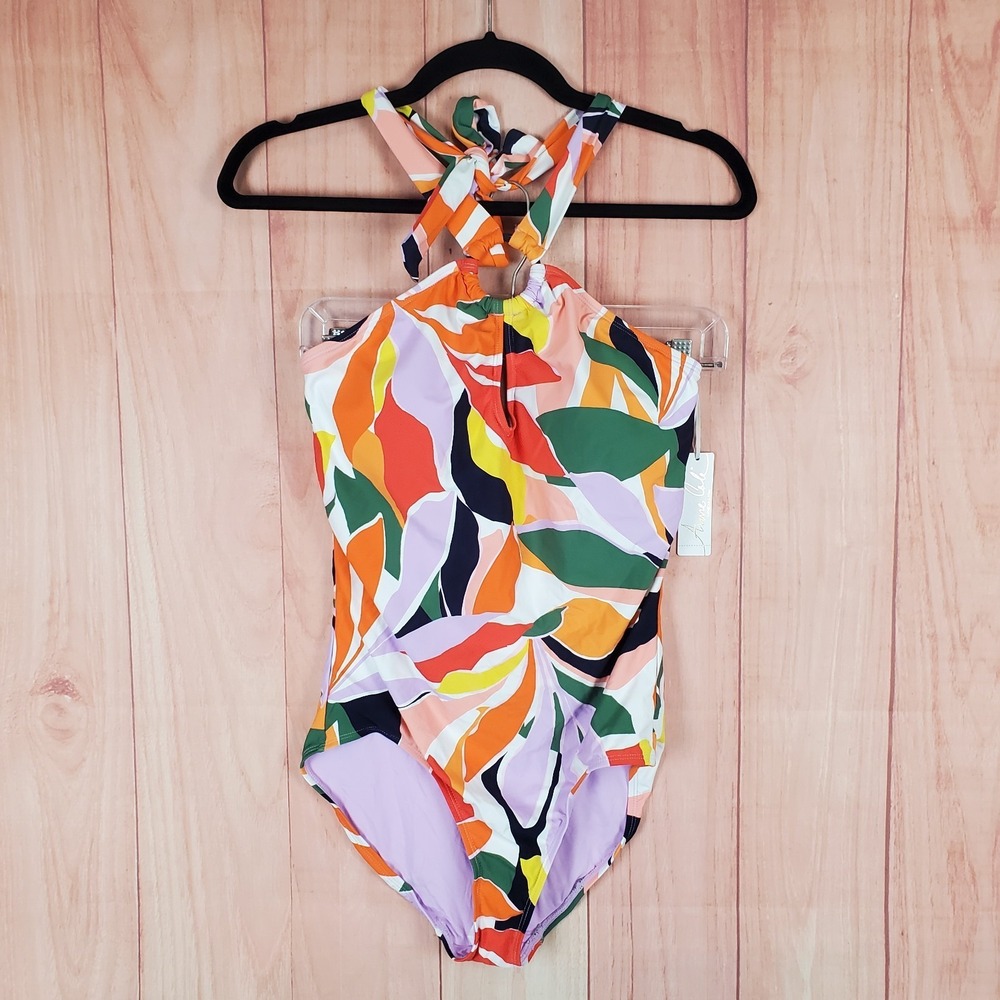 Anne Cole Ring High Neck Swimsuit Womens 6 Multi Abstract Print Lined Swimwear
